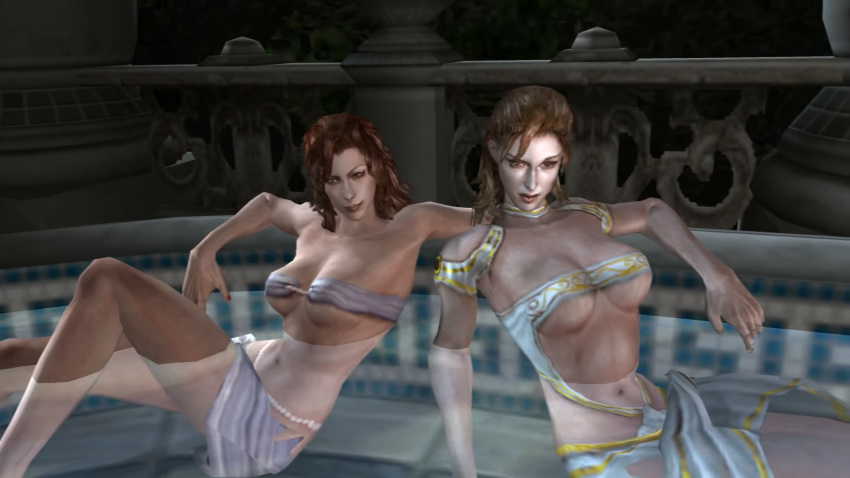 2girls 3d abs alternate_version_available bath bathhouse bathtub belly belly_button breasts brown_hair cleavage clothed clothing deity god_of_war god_of_war_2 leda long_hair looking_at_viewer medium_breasts official_art pearls persephone persephone_(god_of_war) public_domain relaxing screencap shoulders smile thighs underboob video_games water