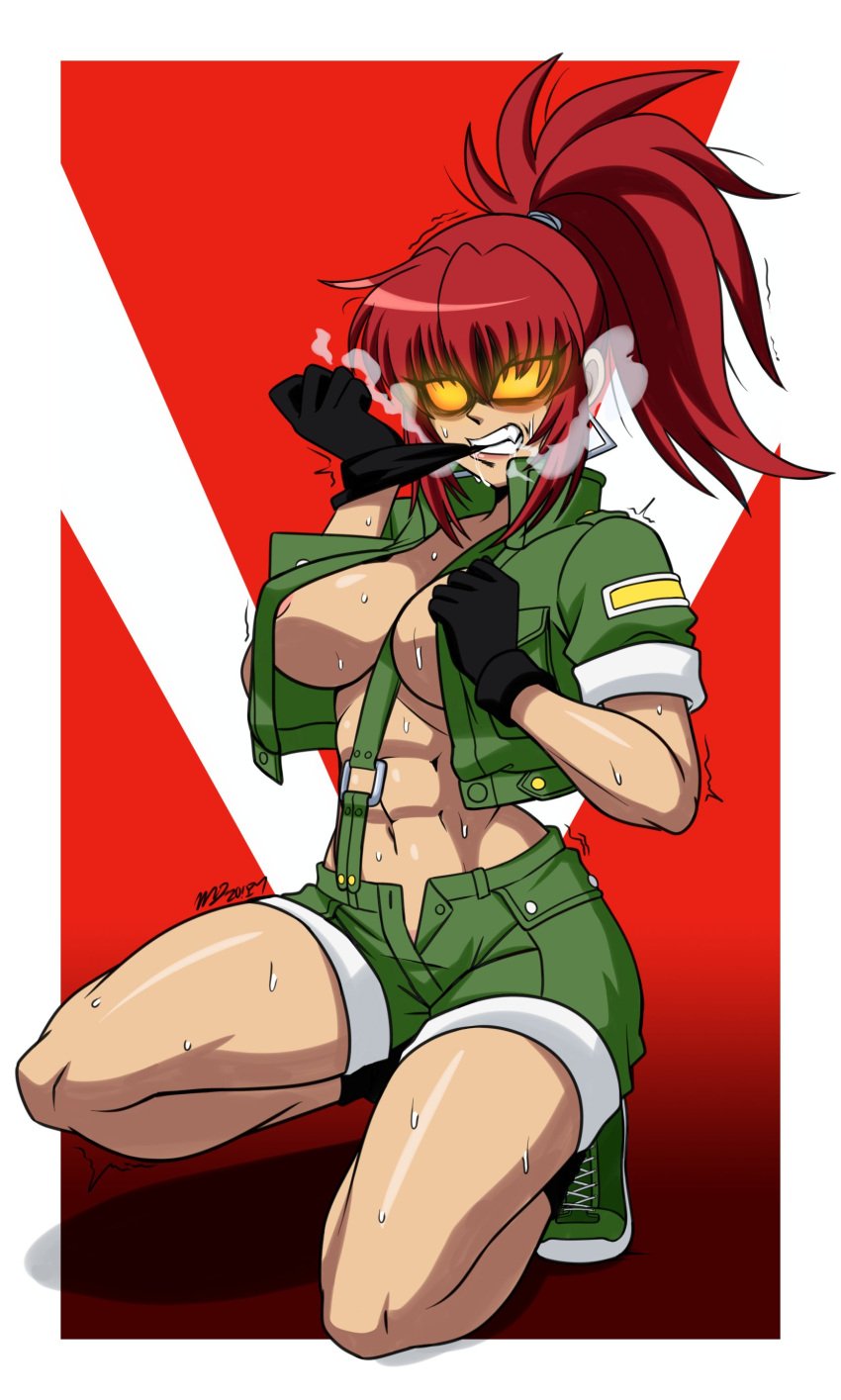 abs alternate_version_available breasts gloves glowing_eyes ikari_warriors king_of_fighters large_breasts leona_heidern mergeritter nipple_slip nipples open_clothes orochi_leona red_hair snk solo sweat