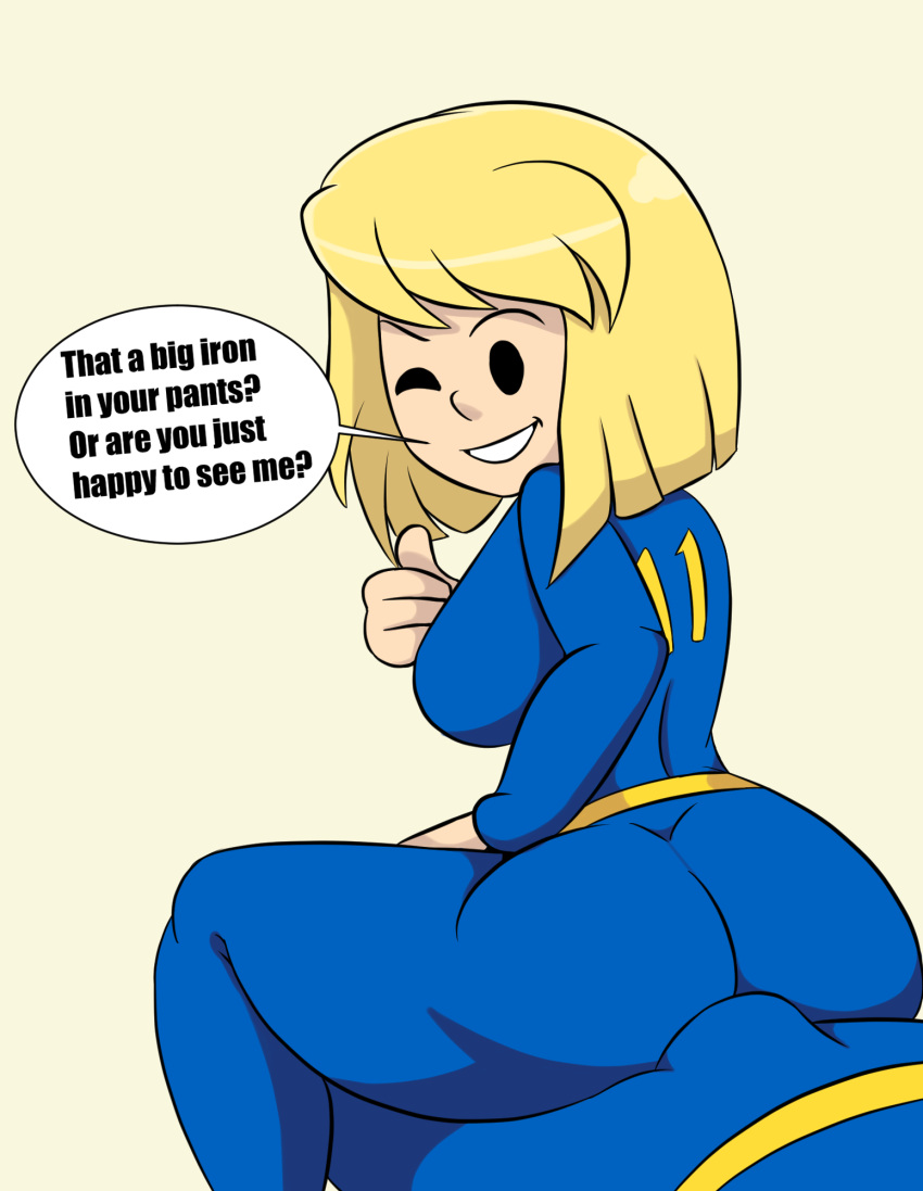 ass big_ass big_butt black_eyes blonde_hair buttjob clothing dat_ass erection erection_under_clothes fallout fat_ass funny huge_ass huge_butt human iggy-bomb jumpsuit meme mob_face short_hair smile text vault_girl vault_suit