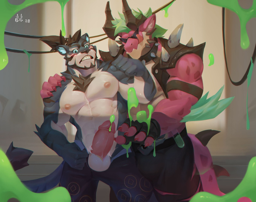 2boys arm_over_shoulder armor balls blush chest_hair collar dragon furry furry_only gay gloves horns male male/male male_only munax_od muscular muscular_male penis penis_out pubic_hair scalie slime spiked_collar tagme tail tongue tongue_out two_tone_body