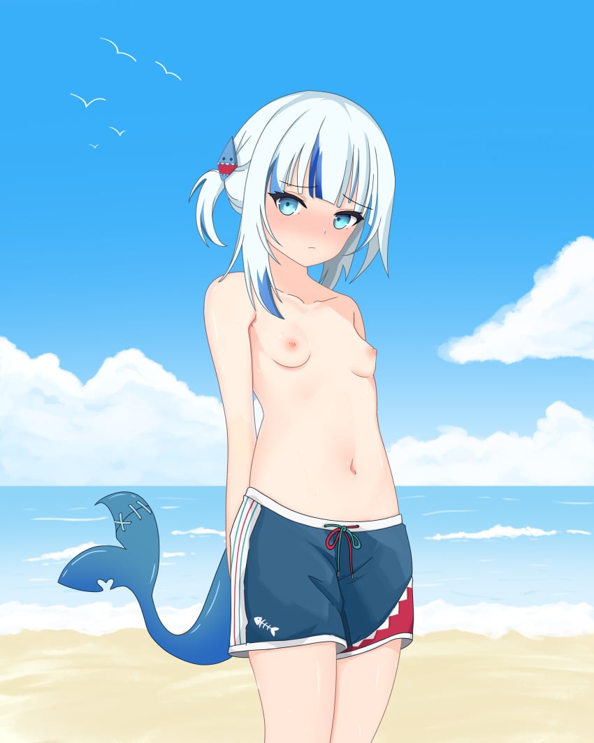 absurdres amrb androgynous arms_behind_back bare_shoulders beach blue_eyes blue_male_swimwear blue_shorts blue_sky blush breasts closed_mouth cloud collarbone cowboy_shot crossdressing crossdressing_female day embarrassed exhibitionism facing_viewer female fish_tail flat_chest gawr_gura highres hololive hololive_english hololive_myth looking_at_viewer male_swimwear male_swimwear_challenge midriff navel nervous nipples nose_blush ocean outdoors public_indecency public_nudity sand shark_girl shark_tail shore shorts shy sky small_breasts solo standing stomach summer sweat sweatdrop swim_trunks swimsuit tail thighs topless virtual_youtuber water water_drop