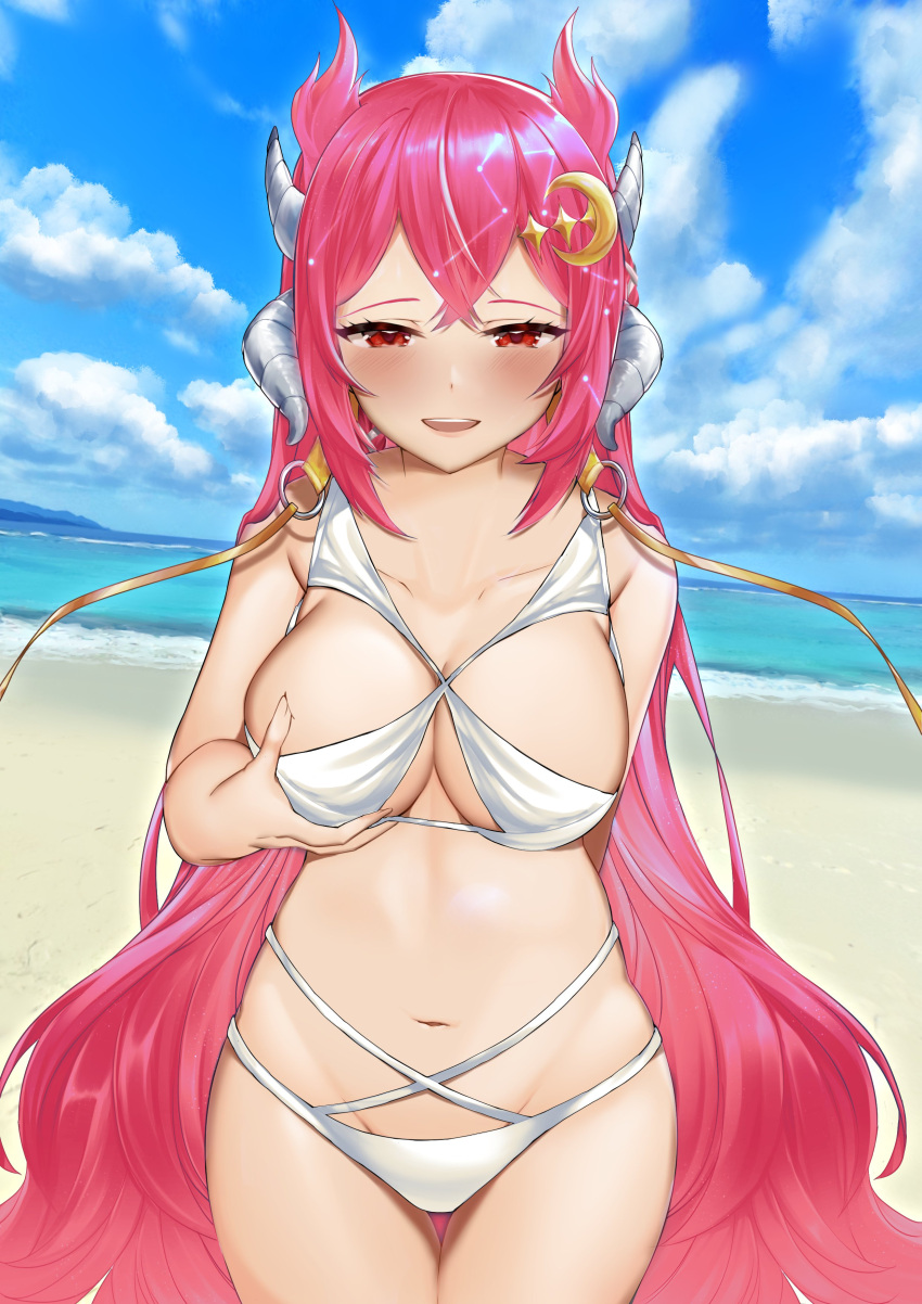 1girls big_breasts bikini breast_grab crymsie female grabbing_own_breast hair_ornament horn horns indie_virtual_youtuber long_hair navel pink_hair red_eyes swimsuit thick_thighs tummy vienna_(vtuber) virtual_youtuber white_bikini white_bikini_bottom white_bikini_top white_swimsuit