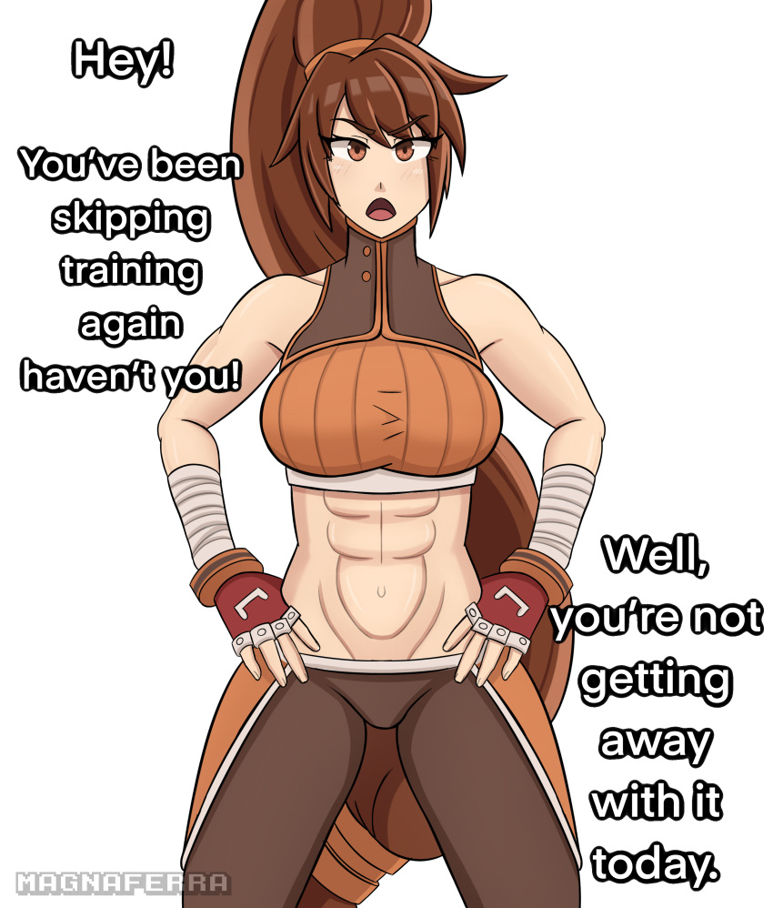 1girls abs brown_eyes brown_hair dialogue dnf_duel dungeon_fighter_online magna_ferra multiple_images muscles muscular_female striker_(dungeon_and_fighter) talking_to_viewer