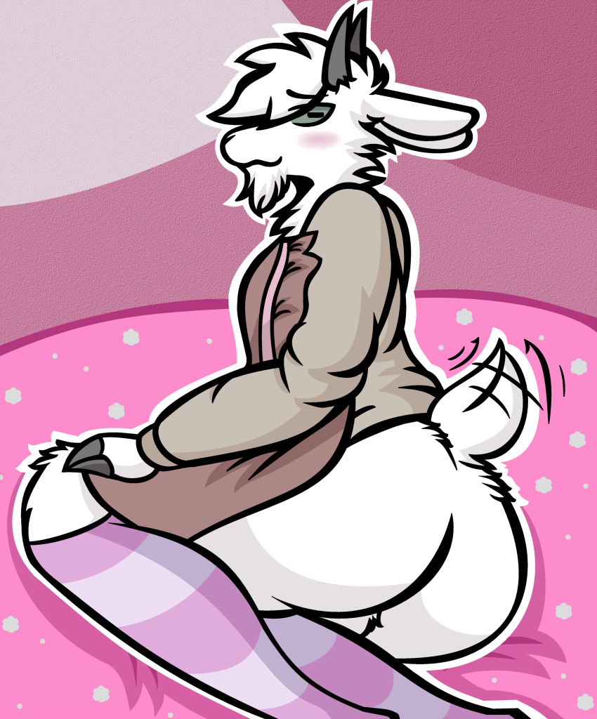 absurd_res anthro apron ass blush bovid caprine clothing fur goat hi_res horizontal_pupils legwear male mammal moon_(chatian) pink_background pink_clothing pink_legwear pink_thigh_highs pupils rikawagyu simple_background solo sweater tail_motion tailwag thigh_highs topwear white_body white_fur