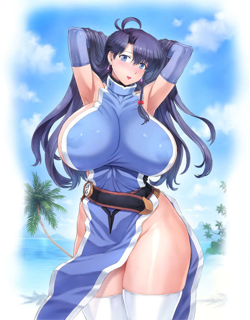 1girls ahoge areolae areolae_visible_through_clothing armpits arms_behind_head arms_up bangs beach belt black_hair blue_dress blue_eyes breasts cloud cloudy_sky collarbone commission covered_nipples cowboy_shot dress earrings elbow_gloves erect_nipples erect_nipples_under_clothes female female_only gloves head_tilt hi_res high_resolution highres huge_areolae huge_breasts jewelry long_hair looking_at_viewer mogudan mountainous_horizon nipples_visible_through_clothing no_bra no_panties ocean original outdoors palm_tree pelvic_curtain puffy_areola puffy_nipples raquel_casull scrapped_princess sideboob sideless_outfit skeb_commission skindentation sky solo solo_female swept_bangs taut_clothes thick_thighs thighhighs tree white_legwear