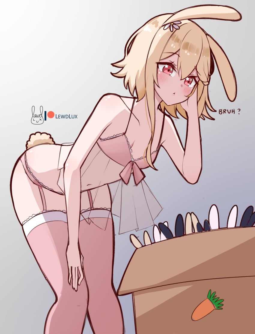 1girls animal_ears artist_logo bent_over blonde_hair bra bunny_ears bunny_tail female garter_straps hair_ornament leaning_forward lewdlux lewdlux_(vtuber) lingerie panties patreon_username pink_bra pink_lingerie pink_panties pink_thighhighs small_breasts tail thighhighs