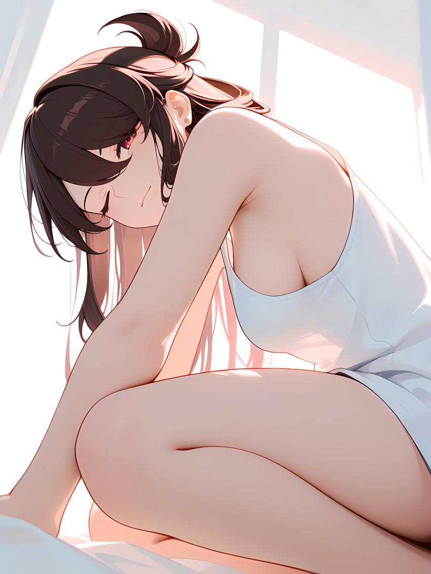 1girl absurd_res absurdres ai-created ai-generated ai_art ai_generated artist_name athletic_female backlighting bangs bare_arms bare_legs bare_shoulders beidou_(genshin_impact) boobs breasts brown_hair bust chest closed_mouth curtains dress female fit_female from_side genshin_impact gumtoof hair_between_eyes hi_res high_quality high_resolution large_breasts long_hair looking_at_viewer morning one_eye_closed patreon red_eyes sideboob sleeveless solo squatting stable_diffusion tagme thighs tits uncensored white_dress white_shirt window
