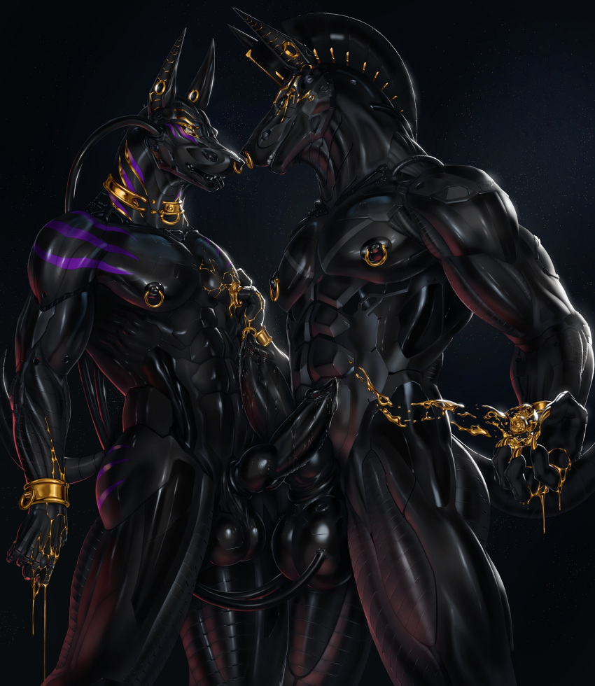 2019 5_fingers abs abstract_background animal_genitalia animal_penis anthro anubian_jackal assimilation balls black_background black_balls black_body black_nose black_penis black_sheath black_tongue bodily_fluids bodypaint cable cables canid canine canine_penis canis claws collar conversion cuff_(restraint) cybernetics cyborg dripping duo ear_piercing erection eye_contact facial_piercing fingers frottage gauged_ear genital_fluids genital_piercing genitals gold_(metal) gold_claws gold_jewelry gold_markings golden_claws grey_eyes hi_res jackal jewelry knot latex latex_skin liquid liquid_gold liquid_metal looking_at_another machine male male/male mammal markings mohawk muscular muscular_anthro muscular_male nanites nipple_fetish nipple_piercing nipple_play nipples nose_piercing nose_ring nude open_mouth outside pec_grab pecs penis penis_piercing piercing precum precum_on_penis prince_albert_piercing rakisha restraints ring_piercing robot robotic rubber septum_piercing sex sheath simple_background sky smile standing star starry_sky sweat sweaty_genitalia sweaty_penis synthetic synthpaw teeth tentacle tongue tongue_out touching_nipples transformation tubes wrist_cuffs yellow_eyes