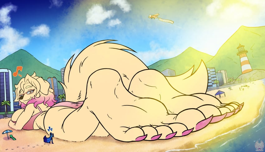alef-gp anthro beach beachside becky_cascane bikini bikini_bottom bikini_top blonde_female blonde_fur blonde_hair blue_fur coastline dog dog_ears dog_girl dog_tail foot_fetish foot_focus furry giantess laying_on_stomach macro macro_female micro pink_bikini pink_highlights pink_nails pink_swimsuit pink_toenail_polish pink_toenails rear_view sand sharp_nails swimsuit tail wuff yellow_fur