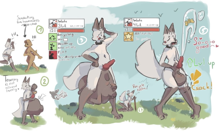 absurd_res anthro begging bodily_fluids canid canine canis cock_vore collar crouching cruel_pred cum cum_vore cummification digestion domestic_dog duo ejaculation eyes_closed fennec_fox fox gameplay_mechanics genital_fluids genitals gui health_bar hi_res level level_drain level_up looking_pleasured male male/male mammal open_mouth pelmesh penile penis precum recycling recycling_symbol scared shaking smile solo standing status_effect surprised symbol trembling trembling_for_pleasure tricked true_fox unwilling_prey vore wafa