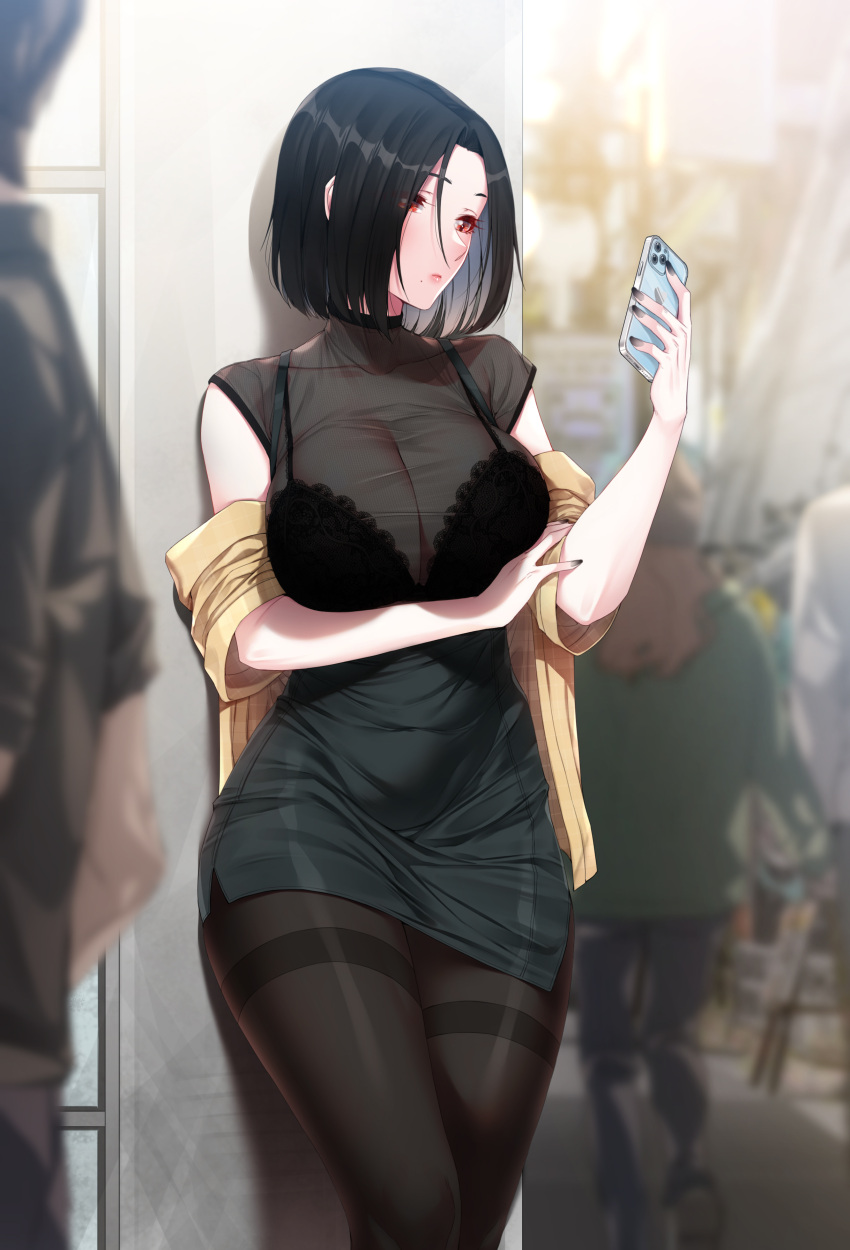 1girls 2022 absurd_res akchu alternate_version_at_source black_dress blind_date blush breasts brown_hair cleavage dress female hina_(akchu) hips holding_object huge_breasts in_public leaning_against_wall original original_character pantyhose phone red_eyes short_hair slim_waist textless thick_thighs thighs tights wide_hips