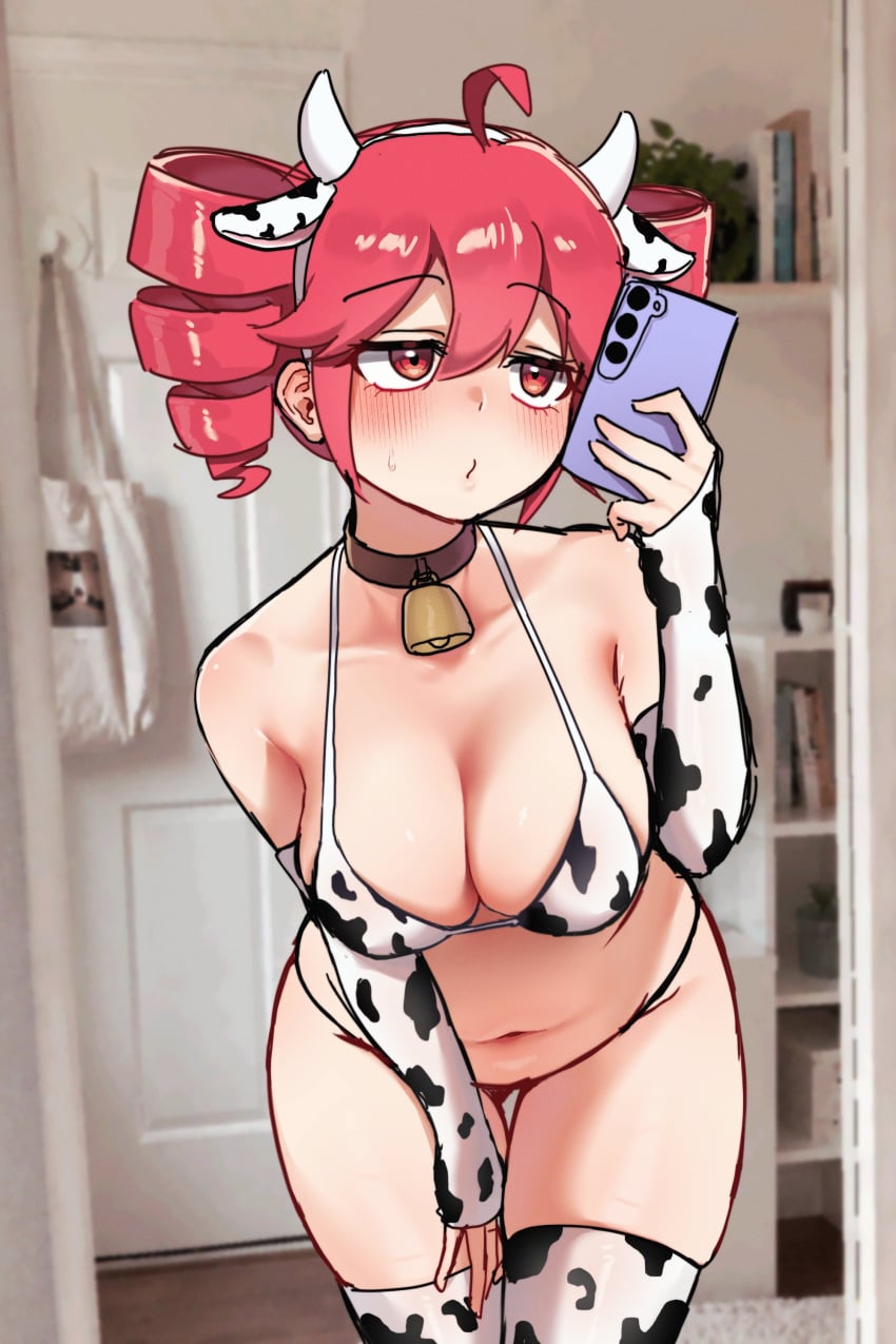 absurdres ahoge animal_ear_hairband animal_ears animal_print bag bare_shoulders bell between_legs bikini blurry blurry_background blush bookshelf breasts brown_choker cellphone choker cleavage closed_mouth collarbone commentary cow_ears cow_horns cow_print cow_print_bikini cow_print_gloves cow_print_thighhighs cowboy_shot dochi_pi door double-parted_bangs drill_hair elbow_gloves english_commentary fake_animal_ears fake_horns fingerless_gloves gloves hair_between_eyes hairband hand_between_own_legs highres holding holding_phone horns indoors kasane_teto large_breasts leaning_forward mirror_selfie navel neck_bell phone photo_background print_bikini print_gloves print_thighhighs red_eyes red_hair selfie sidelocks skindentation swimsuit thighhighs twin_drills utau