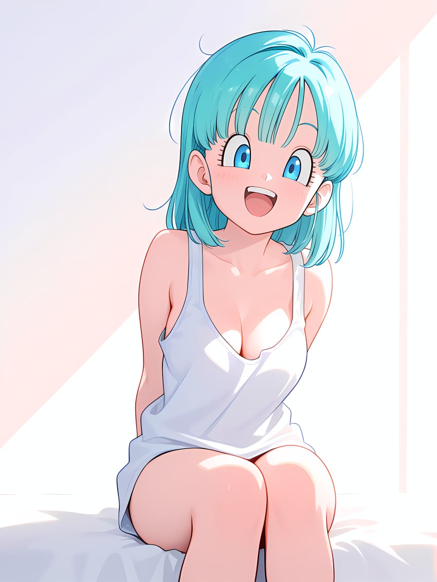 1girl :d absurd_res absurdres ai-created ai-generated ai_art ai_generated arms_behind_back artist_name athletic_female backlighting bangs bare_arms bare_legs bare_shoulders bed_sheet blue_eyes blue_hair blush boobs bra_briefs breasts bust chest cleavage collarbone dragon_ball_super dragon_ball_z eyelashes feet_out_of_frame female fit_female gradient gradient_background gumtoof happy hi_res high_quality high_resolution looking_at_viewer medium_breasts medium_hair messy_hair morning on_bed open_mouth patreon shiny shiny_hair shirt simple_background sitting sleeveless smile solo stable_diffusion sunlight tagme tank_top tareme teeth thighs tits uncensored upper_teeth_only white_shirt white_tank_top