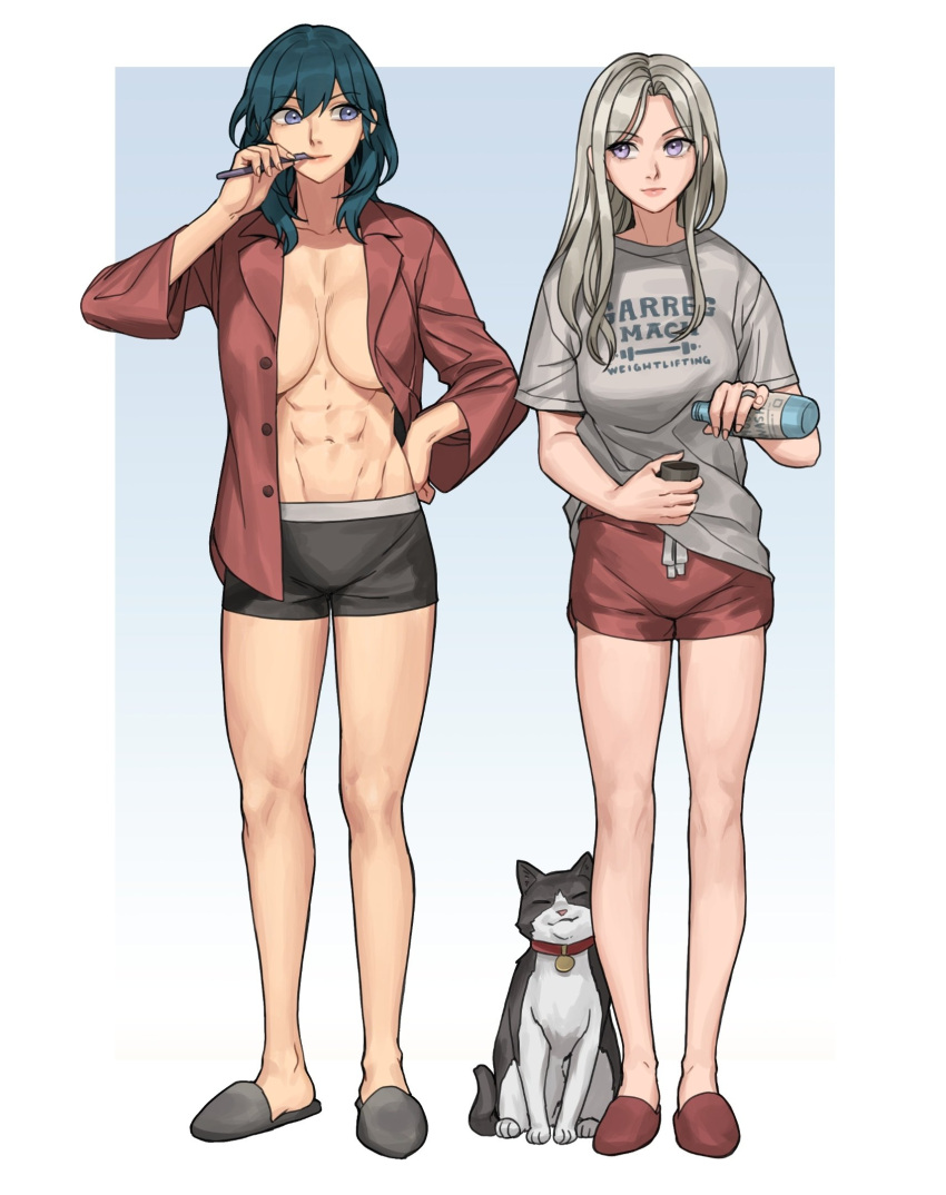 2girls abs animal bangs blue_eyes blue_hair breasts brushing_teeth byleth_(fire_emblem) byleth_(fire_emblem)_(female) edelgard_von_hresvelg feline female female_only fire_emblem fire_emblem:_three_houses highres large_breasts long_hair long_sleeves looking_at_viewer medium_hair multiple_girls navel nintendo open_clothes open_shirt purple_eyes radiostarkiller simple_background slippers smile thighs white_hair