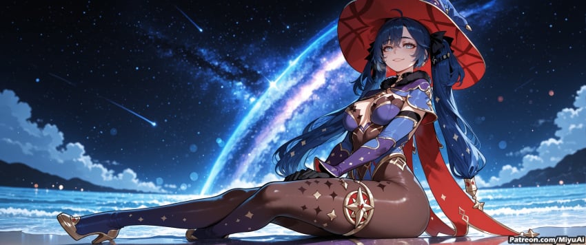 1girl ai_assisted ai_generated bangs black_hair black_legwear blue_eyes blue_hair breasts cleavage cloud curvaceous curvy curvy_female curvy_figure elbow_gloves eyebrows_visible_through_hair female gloves hair_between_eyes high_heels highleg iuno_(wuthering_waves) kiana_kaslana leotard long_hair looking_at_viewer medium_breasts miyuai night night_sky oriental_umbrella outdoors pantyhose parasol raiden_mei shooting_star sitting sky smile solo star_(sky) star_(symbol) star_print starry_sky starry_sky_print thick thick_ass thick_butt thick_hips thick_legs thick_thighs umbrella very_long_hair voluptuous voluptuous_female wide_hips wide_thighs wuthering_waves