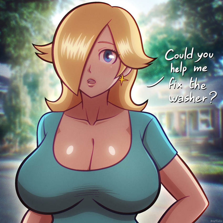 1girls beg4cake big_breasts blonde_hair blue_eyes breasts cleavage dialogue earring female female_only hair_over_one_eye hand_on_hip huge_breasts large_breasts mario_(series) nintendo princess_rosalina shirt