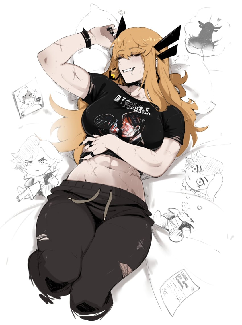 2d black_nails bracelet canon_couple chocker clothed cuts fully_clothed laying_down luna_snow luna_snow_(marvel_rivals) magik_(illyana_rasputin) magik_(marvel_rivals) marvel marvel_rivals masoq095 mouth_closed muscular my_chemical_romance orange_hair ring_(jewelry) ripped_clothing shirt shirt_up sweatpants