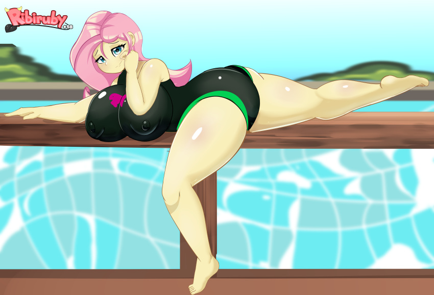 1girls absurd_res areola_bulge artist_logo ass balcony barefoot big_breasts breasts commission equestria_girls erect_nipples feet female female_only fluttershy_(eg) fluttershy_(mlp) friendship_is_magic hasbro hi_res highres huge_breasts large_breasts legs looking_at_viewer my_little_pony nipple_bulge one-piece_swimsuit plump ribiruby solo solo_female straight_hair swimsuit thick_thighs thighs thunder_thighs water