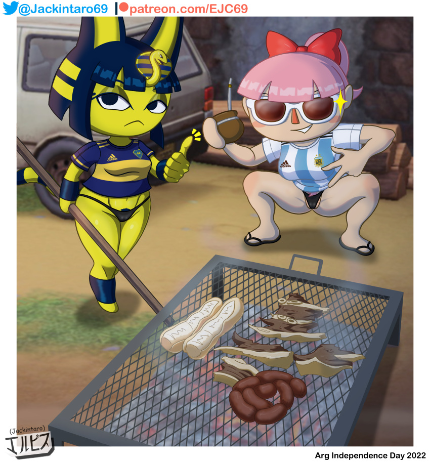 2girls animal_crossing animal_crossing_girl ankha anthro anthro/human argentina blue_hair boca_juniors bow catgirl digital_media_(artwork) duo egyptian fanart feline female female_only furry glasses grill human independence_day_(argentina) jackintaro joy_(jackintaro) light-skinned_female light_skin looking_at_viewer meme nintendo panties pink_hair ponytail pubic_hair red_bow ribbon soccer_uniform thumbs_up tied_hair villager_(animal_crossing) yellow_body yellow_fur