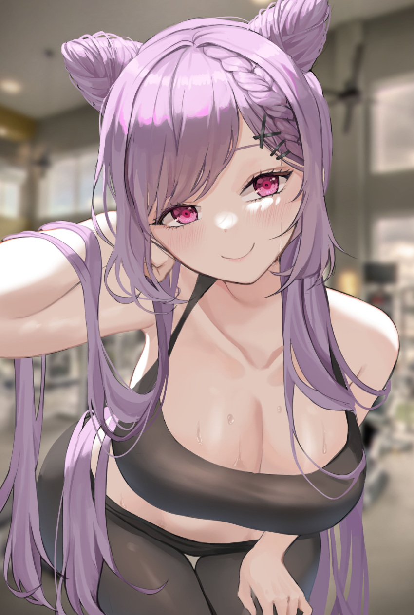 1girls absurdres alternate_breast_size alternate_costume armpits bangs bare_arms bare_shoulders bent_over big_breasts black_bra black_pants blurry blurry_background blush bra braid breasts cleavage close-up collarbone cone_hair_bun contemporary crop_top curvy double_bun female female_only genshin_impact gym gym_uniform hair_bun hair_ornament hairclip hand_in_own_hair hand_on_own_thigh hand_up highres hourglass_figure huge_breasts keqing_(genshin_impact) large_breasts leaning_forward light-skinned_female light_skin long_hair midriff pants public purple_eyes seducing seductive seductive_eyes seductive_gaze seductive_look seductive_mouth seductive_pose seductive_smile smile solo sports_bra standing sweat swept_bangs thigh_gap thighhighs ueng_(suj_0) underwear very_long_hair voluptuous wide_hips workout_clothes x_hair_ornament yoga_pants