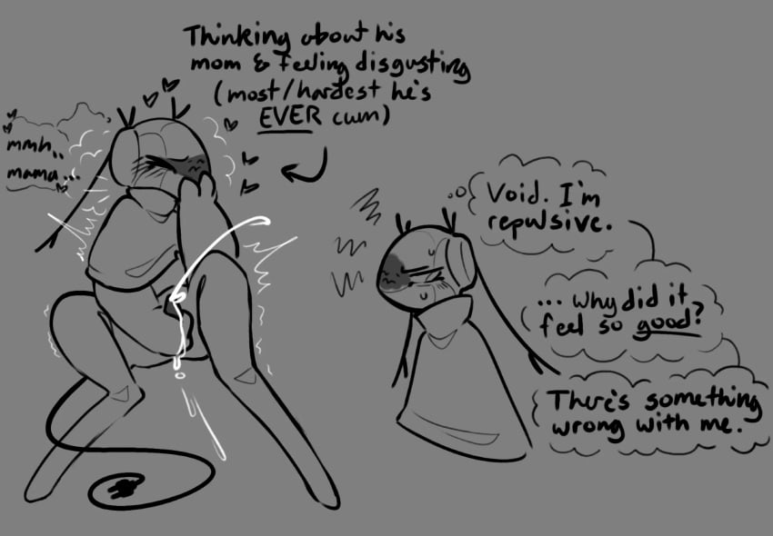 1boy antennae_(anatomy) ashamed blush blush_lines blushing boobs cable_tail cum cumming eyes_closed facial_markings forehead_mark implied_incest incest incest_(lore) iterator_(rain_world) jerking jerking_off male masturbating masturbation moaning motion_lines oc overstimulation rain_world robot robot_boy robot_humanoid shame tail text thigh_grab whining