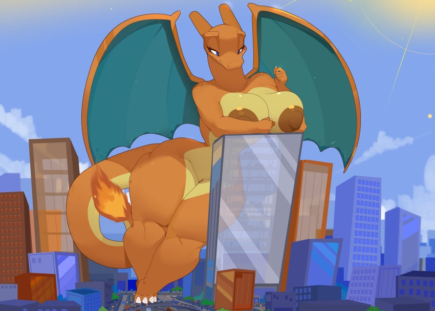 absurd_res anthro areola barely_visible_genitalia barely_visible_pussy big_breasts breasts building chari-gal charizard city cityscape cloud commoddity destruction dragon female genitals hi_res horn leaning_on_object macro nintendo nipples non-mammal_breasts nude outside plant pokémon_(species) pokemon pokemon_(species) pussy scalie solo thick_thighs tree video_games wide_hips wings