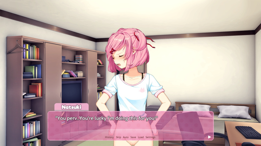 1girls accurate_art_style bed bedroom blush books bookshelf bra_straps closed_eyes ddlc_background ddlc_text_box doki_doki_literature_club english_text exposed_pussy female female_only flustered hands_on_hips looking_away looking_away_from_viewer looking_to_the_side natsuki_(doki_doki_literature_club) no_pubic_hair only_for_you open_mouth panel pink_eyes pink_hair pink_text_box pussy shirt_only solo sprite sprite_art sprite_edit sweatdrop teeth teeth_showing teeth_visible text text_box tsundere tv