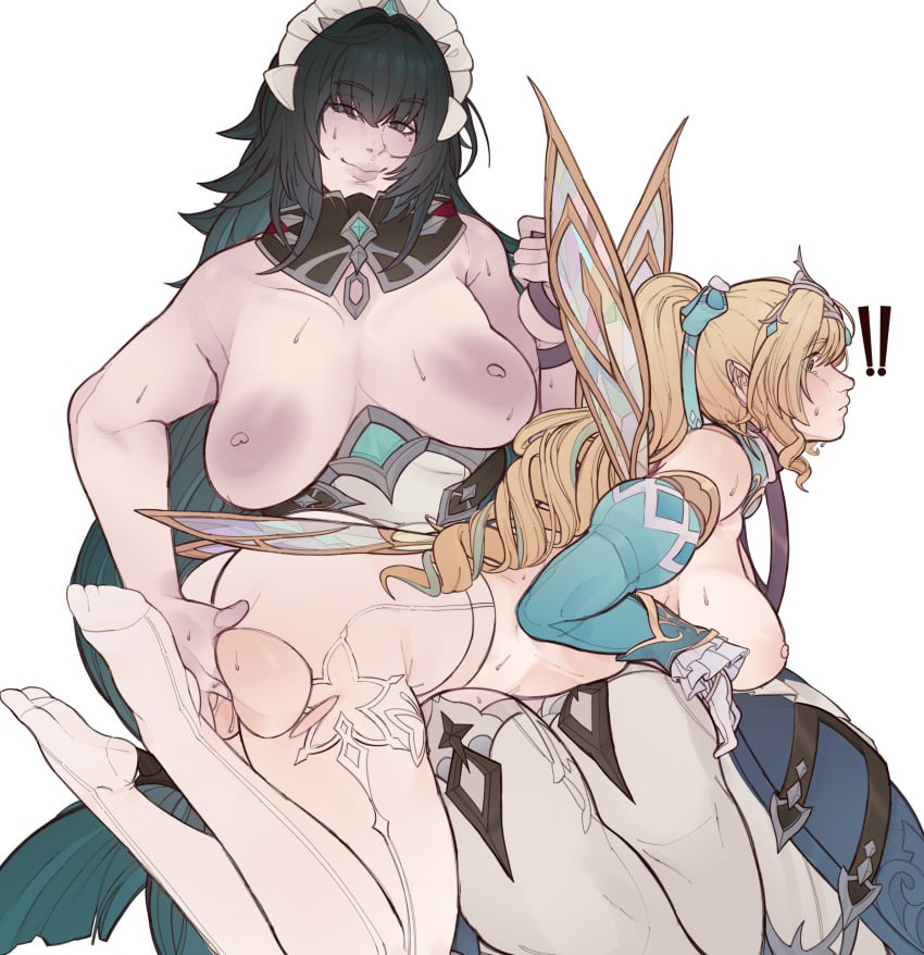 !!! 2girls big_areola big_areolae big_areolas big_breasts blackrunel breasts breasts_out character_request clothed clothed_sex danica_(genshin_impact) dark_areola dark_areolae dark_areolas drill_hair female fingering garter_straps genshin_impact gloves large_breasts leash leash_grab leash_pull leashed leashed_female light-skinned_female light_skin long_hair long_ponytail looking_at_viewer maid maid_uniform medium_breasts outfit sagging_breasts stockings surprised surprised_expression sweat sweatdrop sweating sweaty thick_ass thick_legs thick_thighs wings yuri