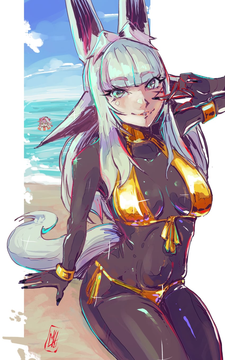 1girl animal_ears bangs beach bikini blue_eyes blunt_bangs breasts dya_rikku_(vtuber) indie_virtual_youtuber long_hair looking_at_viewer navel ocean side-tie_bikini signature smile solo swimsuit tail virtual_youtuber vyugen