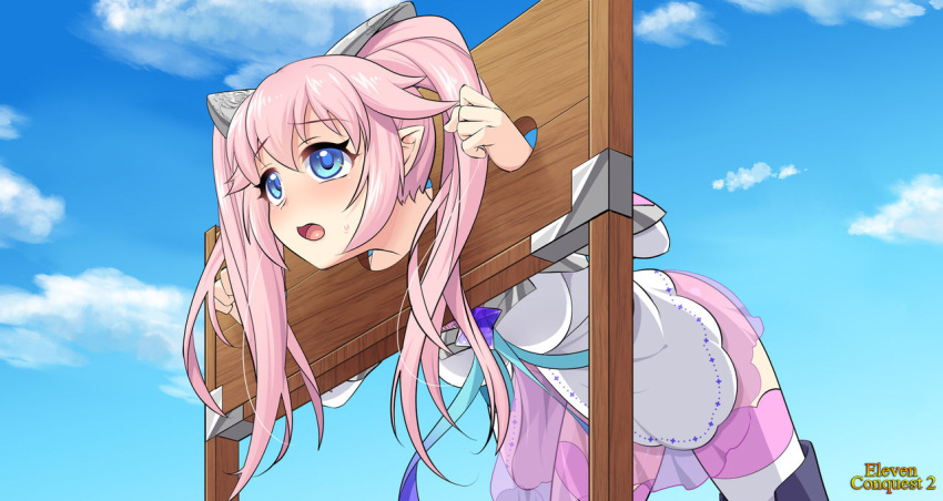 blue_eyes clothes elenore_(elven_conquest_2) elf elf_ears elven_conquest_2 female game_cg open_mouth pillory pink_hair pinktea pointy_ears slave slave_training source_request stocks twintails