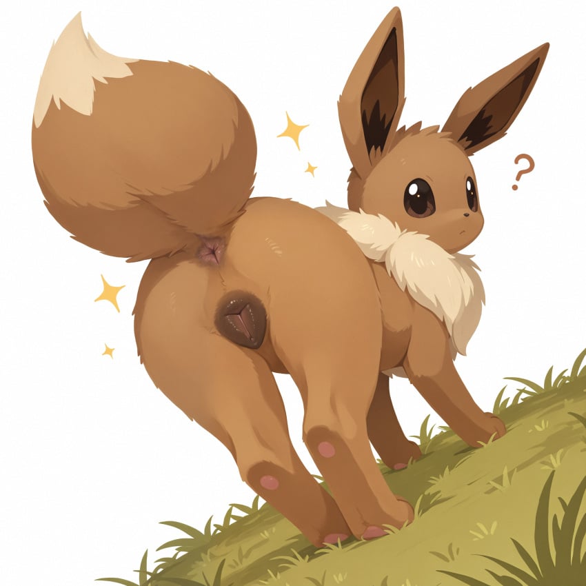 2026 ? ai_generated anatomically_correct anatomically_correct_genitalia animal_genitalia animal_pussy anus brown_body brown_fur brown_pussy bushy_tail canine_genitalia canine_pussy confusion eevee female feral fur game_freak generation_1_pokemon genitals grass hi_res looking_back neck_tuft nintendo pink_anus plant pleasedontlook pokemon pokemon_(species) pussy question_mark raised_tail shaded simple_background simple_eyes simple_shading solo sparkles tagme tail tail_anus tuft white_background