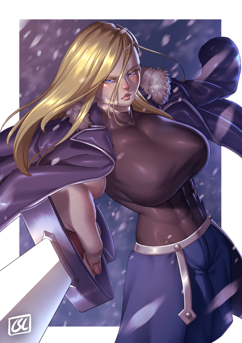 1girls abs amestris_military_uniform artist_logo blonde_hair blue_eyes breasts fullmetal_alchemist hi_res large_breasts long_hair looking_at_viewer olivier_mira_armstrong phoebus_art snowing solo sword weapon