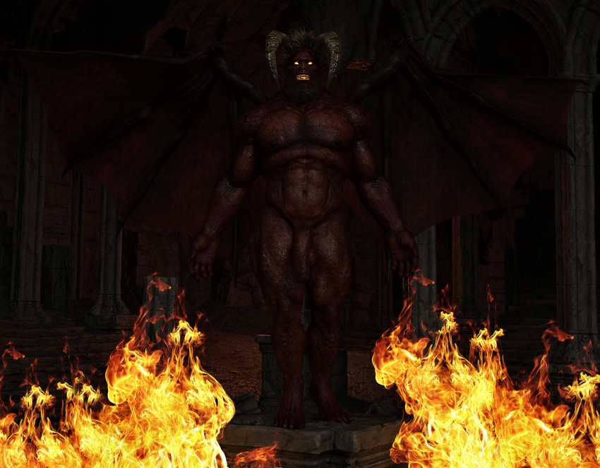 balls demon fire genitals glowing glowing_eyes hi_res horn humanoid lex-icon male muscular muscular_humanoid muscular_male nipples nude penis red_body red_skin solo wings