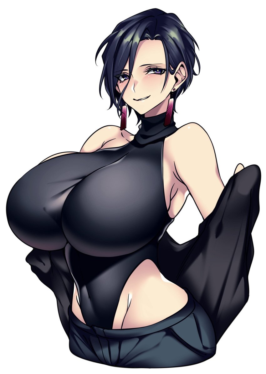 1girls big_breasts biting_lip black_hair blushing_at_viewer breast_bigger_than_head breasts busty camui_kamui_(hz_666v) clothed clothing curvaceous curvy curvy_female curvy_figure enormous_breasts female female_only gigantic_breasts happy_female horny_female huge_breasts large_breasts leotard light-skinned_female light_skin looking_at_viewer massive_breasts milf mommy_kink original revealing_clothes seductive_gaze short_hair sleaveless_shirt slight_blush smiling_at_viewer solo thin_waist top_heavy voluptuous