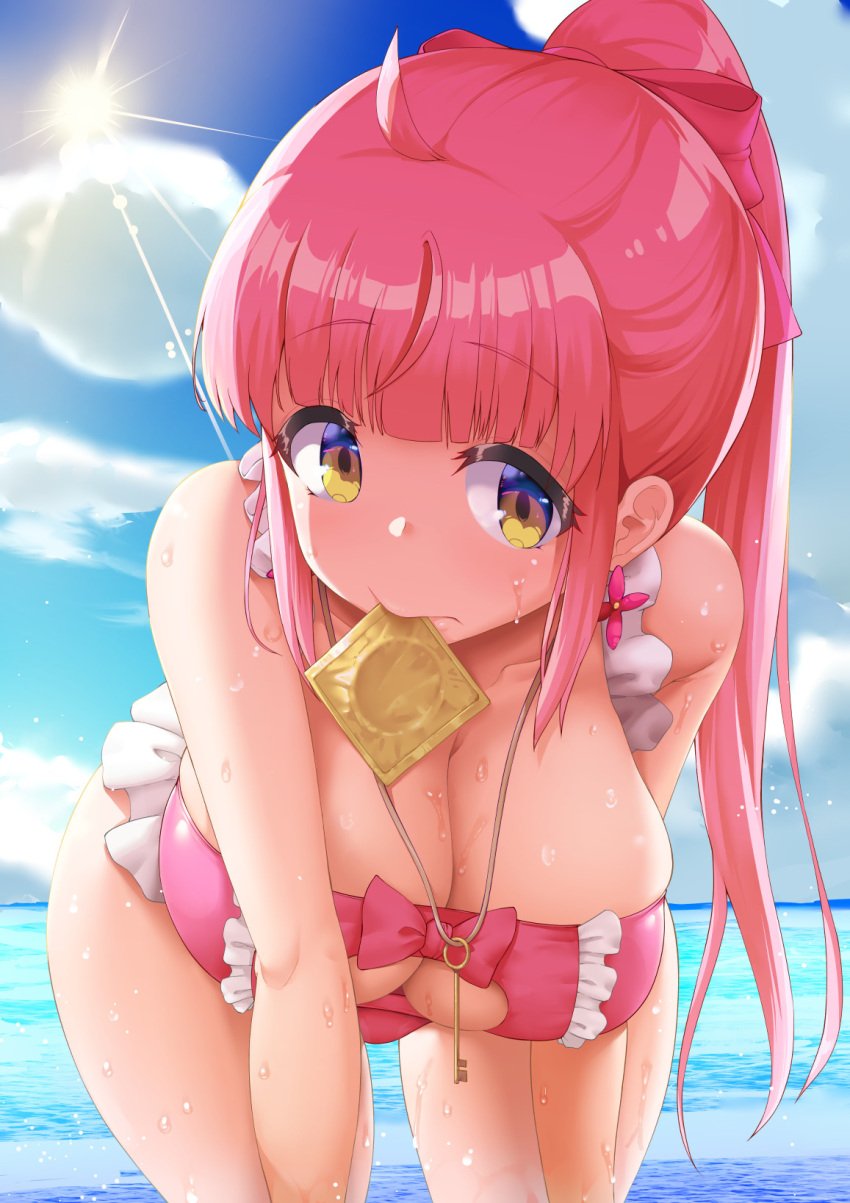 1girls backlighting bangs beach blunt_bangs breasts brown_eyes clothing_cutout cloud condom condom_in_mouth condom_wrapper frilled_swimsuit frills highres kazairo_kotone key_necklace large_breasts leaning_forward long_hair mouth_hold open_swimsuit outdoors pink_hair pink_swimsuit ponytail rpg_fudousan shousan_bouzu sidelocks solo sunlight swimsuit wet