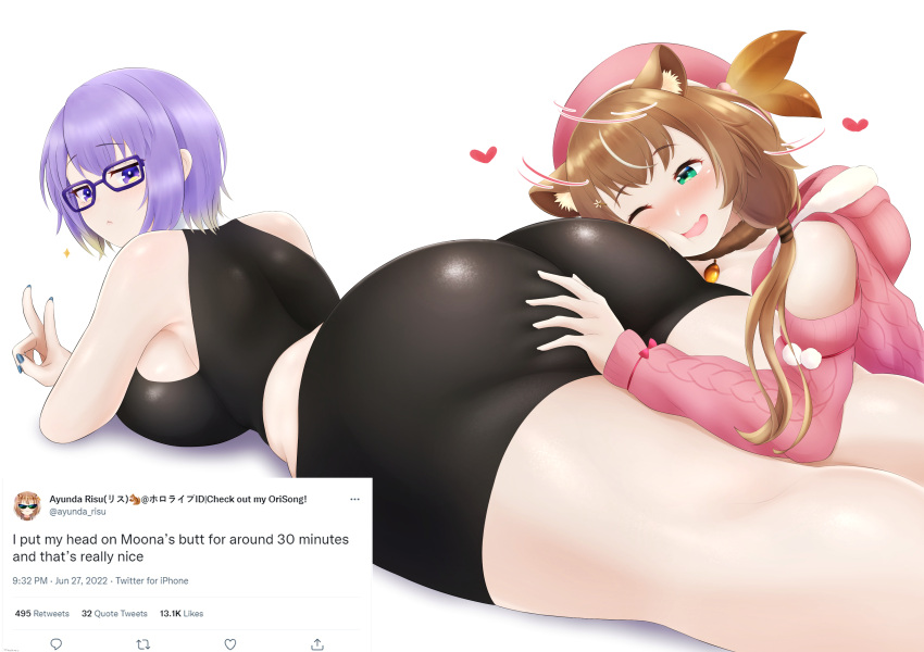 2girls absurdres animal_ears ass ass_grab ass_worship ayunda_risu bare_shoulders big_ass bike_shorts black_shorts blue_eyes breasts brown_hair cheek_against_ass closed_mouth clothing_cutout face_on_ass from_behind grabbing_ass happy happy_female hat head_on_ass hearts highres hololive hololive_indonesia hololive_indonesia_area_15 huge_ass large_breasts looking_back lying mhaknow moona_hoshinova multiple_girls on_stomach one_eye_closed painted_nails pink_headwear pink_sweater purple_eyes purple_hair shiny_clothes shiny_skin short_hair shorts shoulder_cutout simple_background sleeveless sports_bra sportswear squirrel_ears sweater v virtual_youtuber white_background yuri