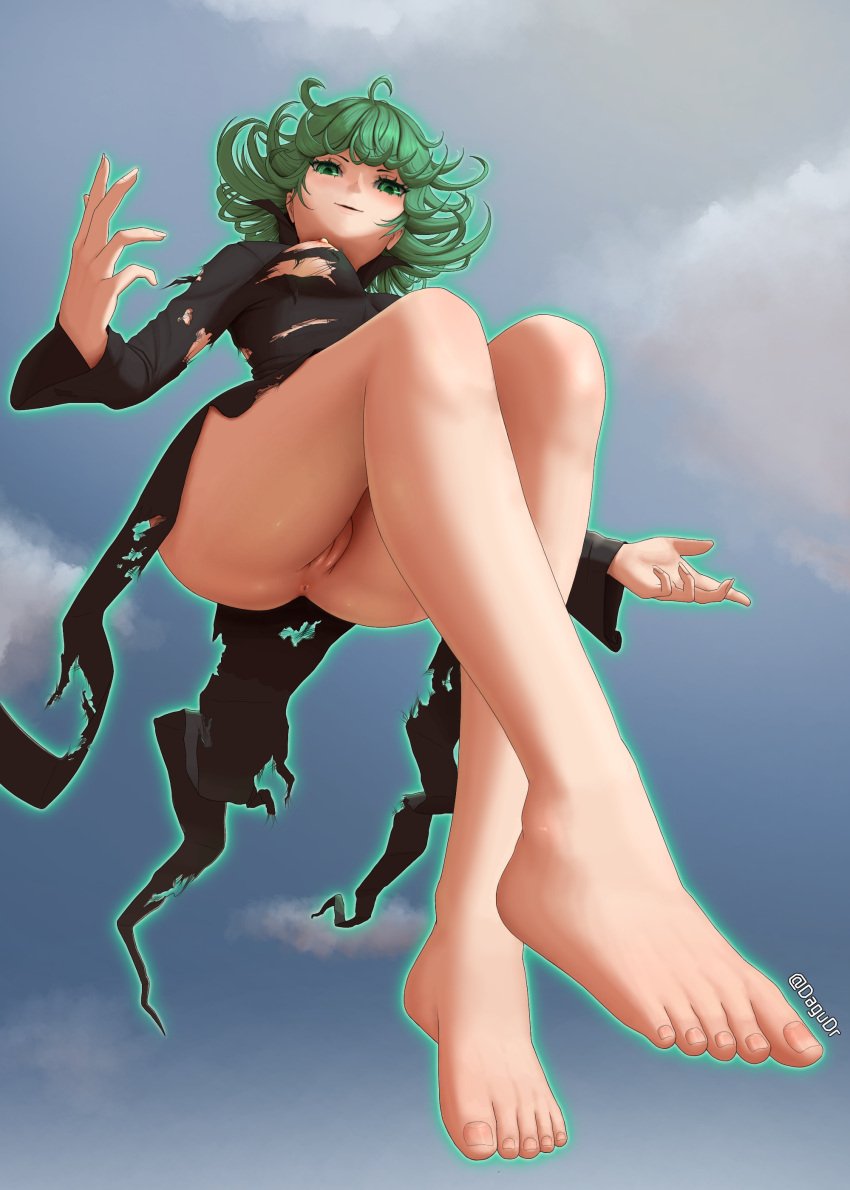 1girls asshole bare_legs barefoot big_ass big_thighs black_dress bottomless dagudr daguya_draws dress exposed_pussy feet female female_only flying foot_focus looking_at_viewer looking_down looking_down_at_viewer no_panties one-punch_man pelvic_curtain pussy ripped_clothing solo tatsumaki toes viewed_from_below