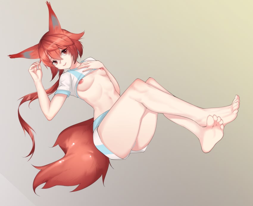 absurdres animal_ears arknights barefoot blue_shirt blue_shorts breasts clothes_lift feet female flametail_(arknights) full_body gradient gradient_background grey_background hair_between_eyes hands_up highres jue_buzheng_huo_gu_gu_zi lifted_by_self long_hair navel nipples parted_lips ponytail red_eyes red_hair shirt shirt_lift shorts simple_background small_breasts smile soles solo squirrel_ears squirrel_girl squirrel_tail stomach striped striped_shirt striped_shorts tail teeth thighs toes two-tone_shirt two-tone_shorts upper_teeth white_shirt white_shorts