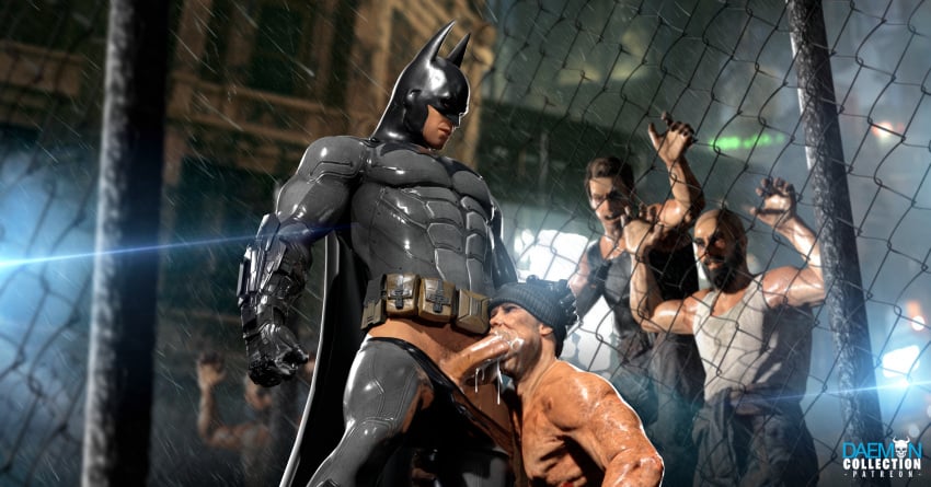 batman batman_(series) blowjob bruce_wayne chain_link_fence cheek_bulge cock_gobble costume cum cum_drip cum_dripping cum_dripping_down_chin cum_dripping_from_penis cum_in_mouth daemoncollection dc_comics erection facefuck fellatio fist forced_fellatio forced_oral gay giving_head going_down_on male male_only mask masked_male mouth_full_of_cock mouth_full_of_cum mouthful oral_sex pants_down penis_in_mouth pushing_head shirtless spectating spectators superhero superhero_costume watch_cap