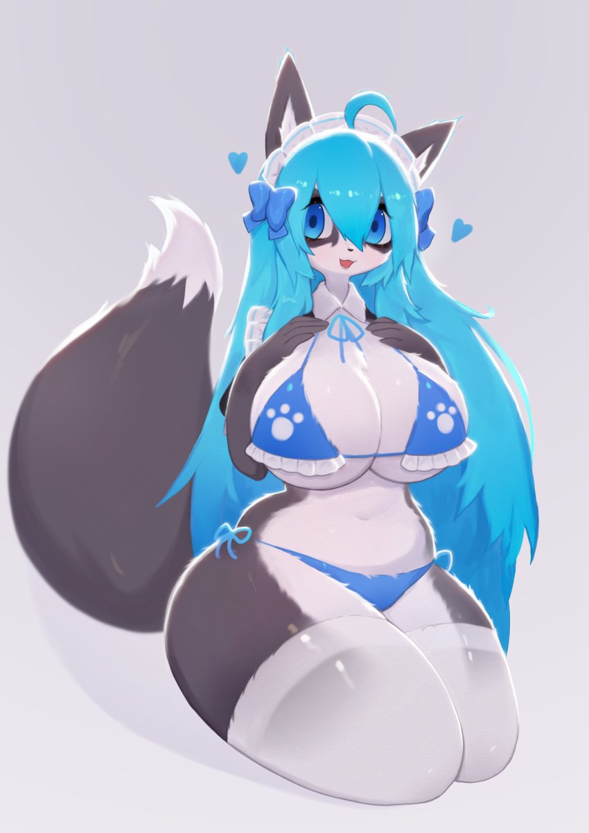 2022 absurd_res ahoge anthro big_breasts bikini blue_eyes blue_hair breasts canid canine canis clothed clothing digital_media_(artwork) dipstick_tail domestic_dog female fur grey_body grey_fur hair hanul heart hi_res kemono kneeling legwear looking_at_viewer maid_headdress mammal markings multicolored_body multicolored_fur multicolored_tail soda_uyu solo swimwear tail_markings thick_thighs thighhighs two_tone_body two_tone_fur white_body white_fur