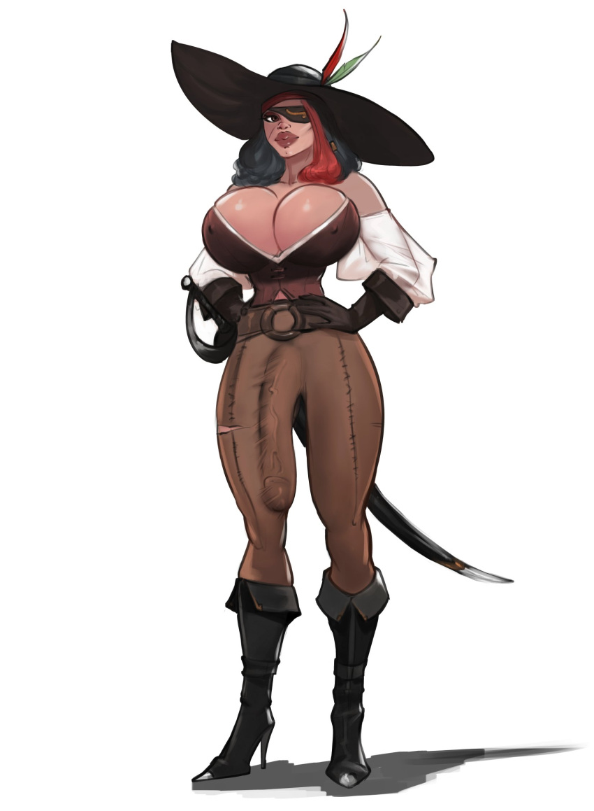 1futa 2022 balls big_breasts big_lips breasts brown_eyes bulge bulge_down_leg cenobyt cleavage clothed clothing curvy_figure eye_patch flaccid fully_clothed futa_only futanari high_heel_boots high_heels hourglass_figure huge_breasts huge_cock human light-skinned_futanari light_skin long_penis penis penis_to_the_knees pirate pirate_futa pirate_hat scar_on_face solo standing sword veiny_penis white_background