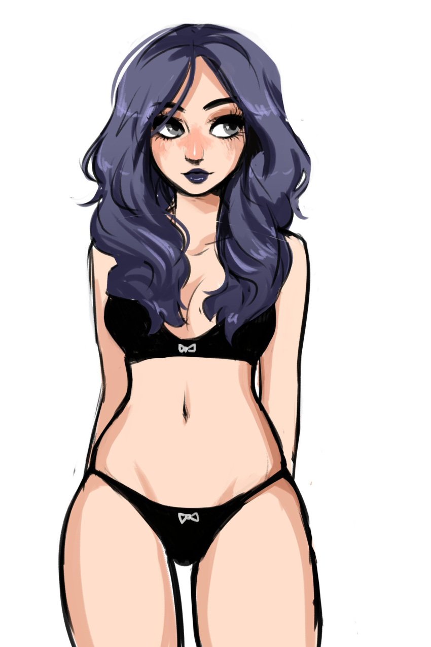 big_thighs black_bra black_panties black_underwear blush busty cleavage curly_hair female female_only grey_eyes justaminx long_hair looking_away looking_up maebebwead minecraft_youtubers mostly_nude purple_hair purple_lipstick real_person solo solo_female standing