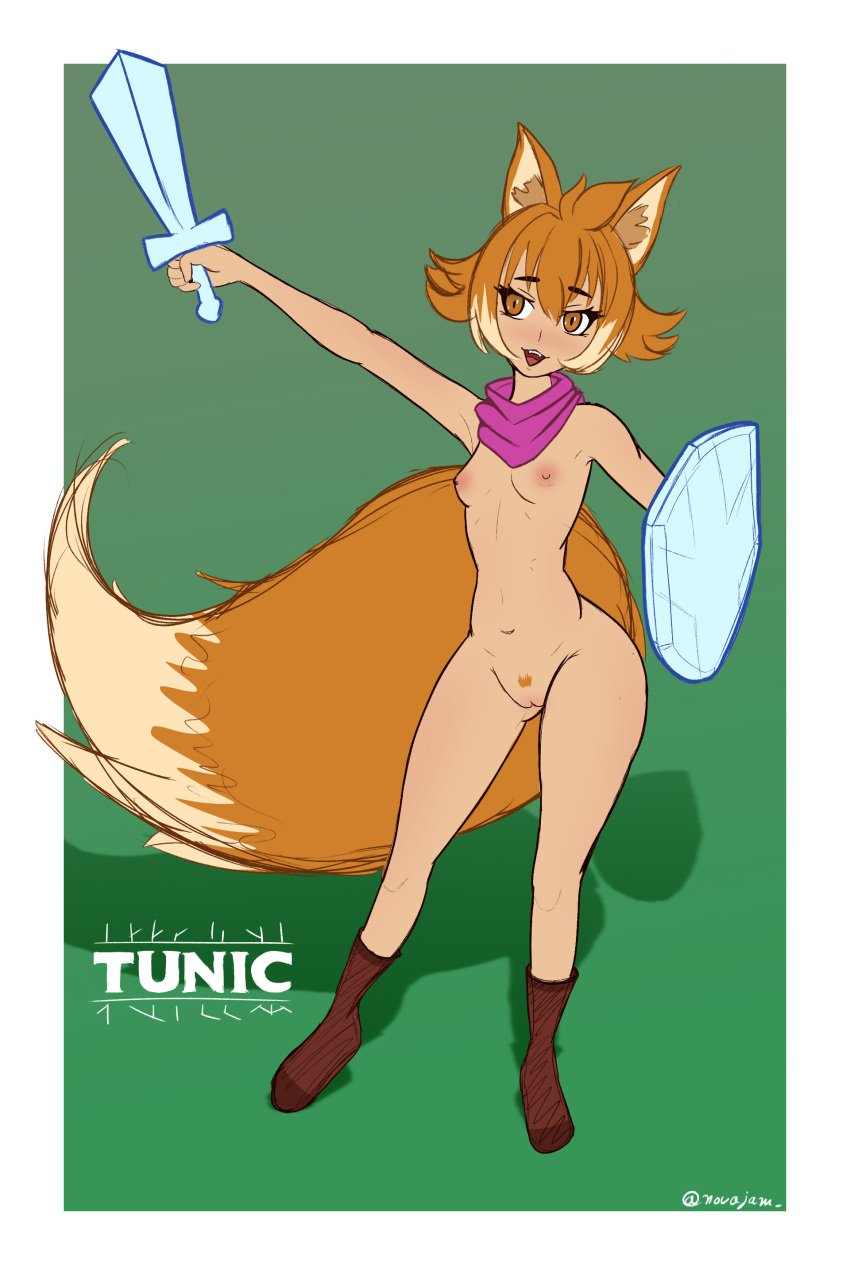 casual footwear fox_ears fox_girl fox_tail genderswap genderswap_(mtf) humanized neckwear novajam nude nude_female purple_scarf ruin_seeker scarf shield species_swap sword tunic_(video_game) weapon