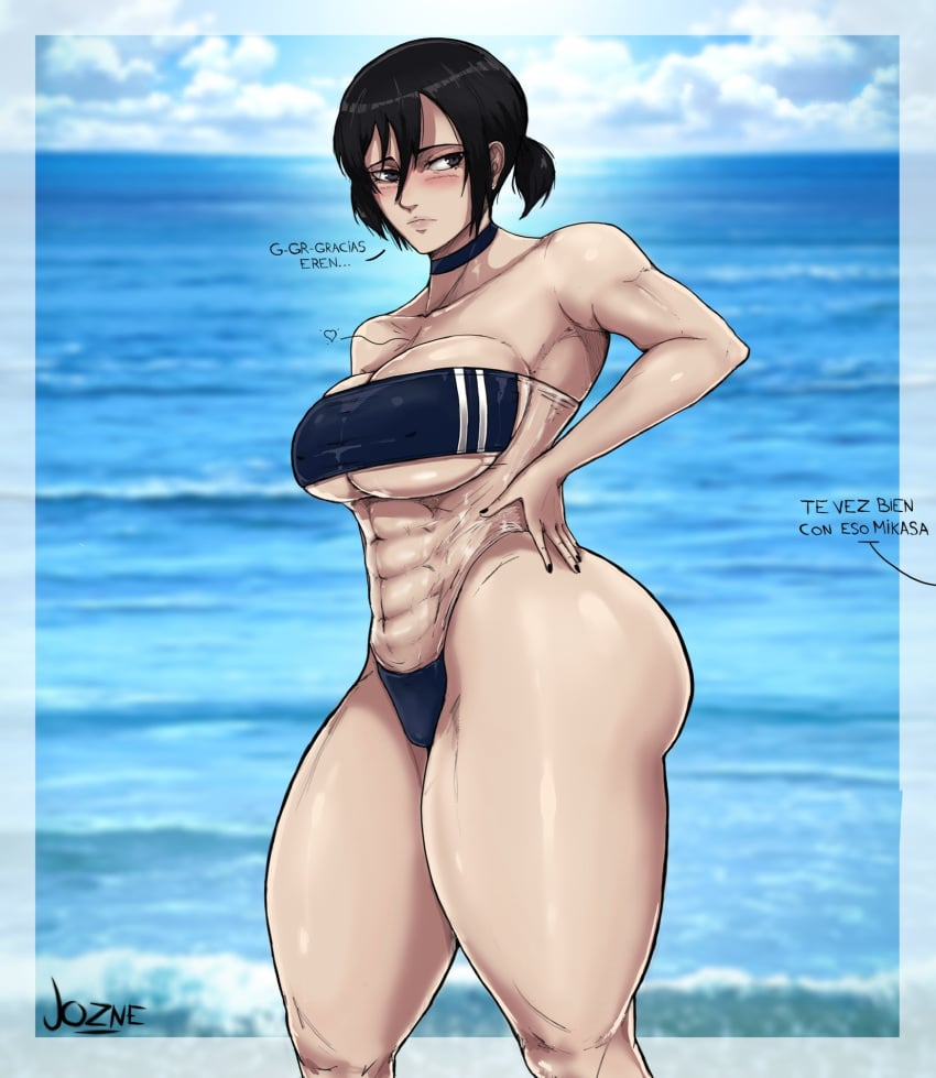 1girls abs ass attack_on_titan big_ass big_breasts bikini breasts cleavage eremika eren_jaeger female female_only gris_swimsuit jozne mikasa_ackerman muscle muscle_tone muscular muscular_female offscreen_character short_hair six_pack solo thick_thighs thong thong_bikini translation_request underboob wide_hips