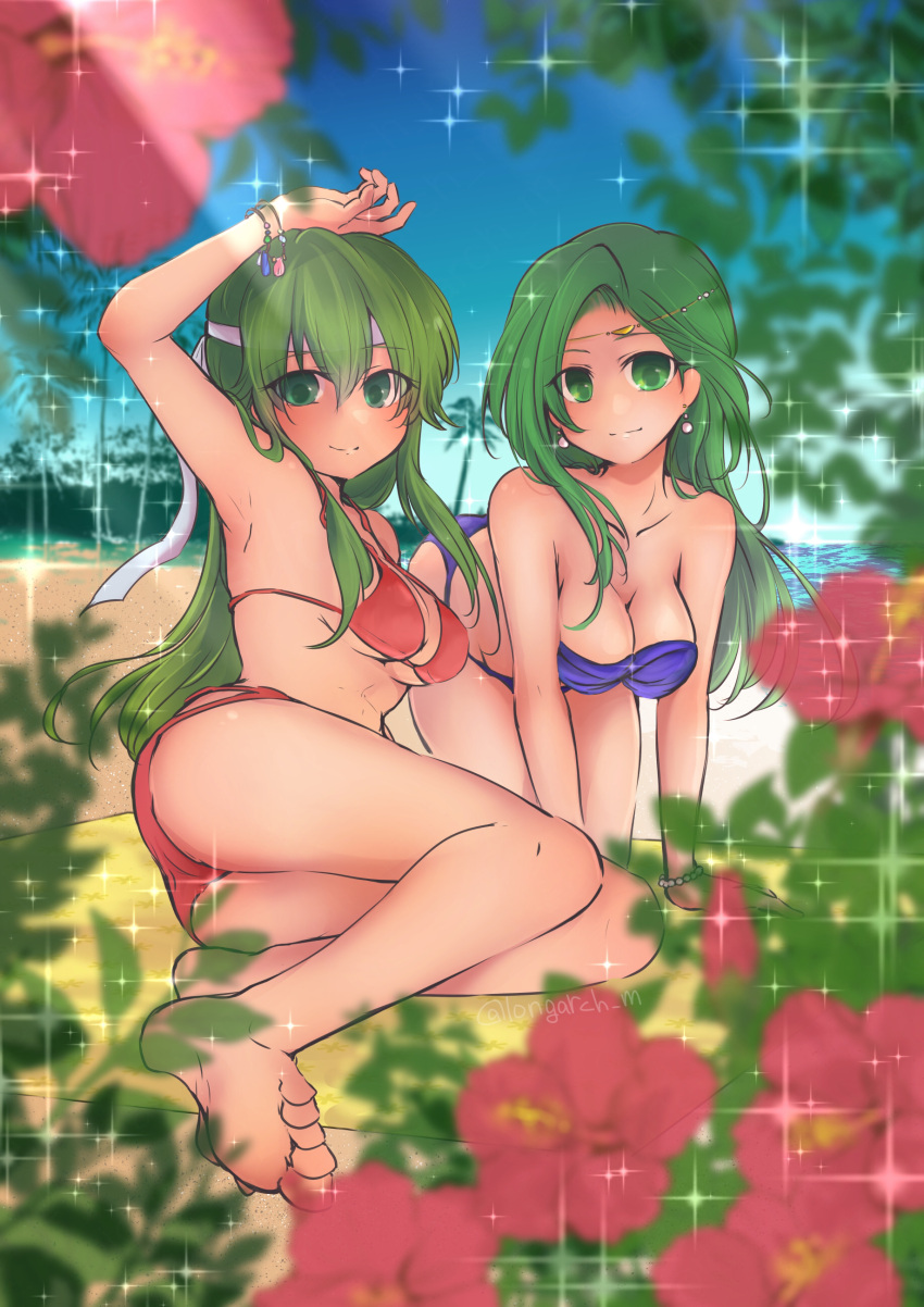 2girls alternate_costume annand_(fire_emblem) ass bare_legs barefoot beach bikini cleavage earrings female female_only fire_emblem fire_emblem:_genealogy_of_the_holy_war fire_emblem:_mystery_of_the_emblem fire_emblem:_shadow_dragon_and_the_blade_of_light flower green_eyes green_hair legs long_hair looking_at_viewer medium_breasts multiple_girls nintendo ocean outdoors palla_(fire_emblem) purple_bikini red_bikini small_breasts smile sparkles swimsuit vnzm