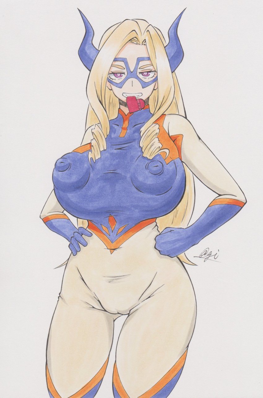 1girls @gi areola_bulge areolae artist_signature big_breasts bitting blonde_hair breasts cameltoe clothed collarbone eyebrows eyelashes female female_only hands_on_hips heart hero_outfit_(mha) hips horns long_hair mask mount_lady my_hero_academia navel navel_visible_through_clothes nipple_bulge nipples puffy_areola puffy_nipples purple_eyes solo solo_female standing thick_eyebrows thick_thighs thighs white_background wide_hips yuu_takeyama