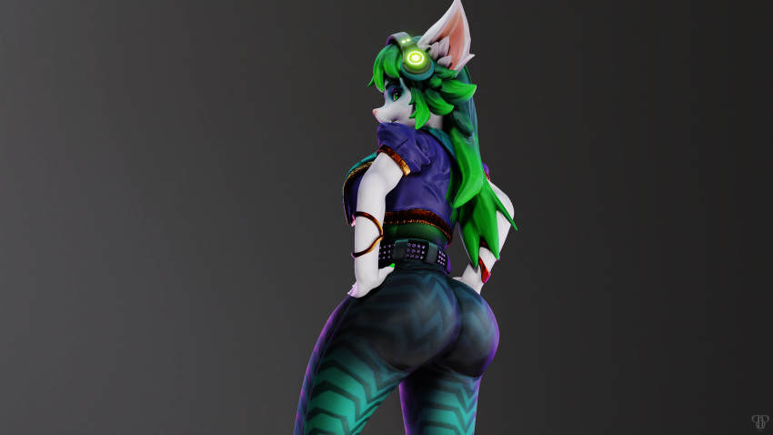 3d 3d_(artwork) amanda_sparkle ass_focus big_ass blender blender_(software) clothed clothing fur furry furry_ass furry_only green_hair hands_on_hips headphones huge_ass large_ass looking_back paladins pants popa_3d_animations render salt_(paladins) solo solo_female thick_ass thick_thighs tight_clothing