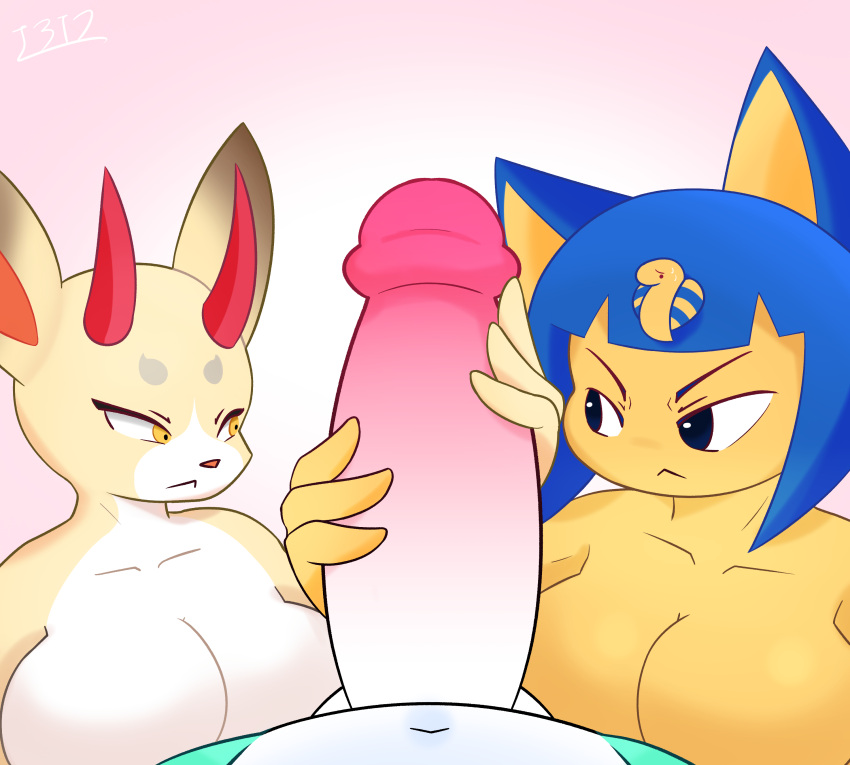 2022 absurd_res animal_crossing ankha ankha_(animal_crossing) anthro balls big_breasts big_penis blue_hair breasts cervid domestic_cat erection felid feline felis female genitals group hair handjob hi_res horn huge_cock humanoid_genitalia humanoid_penis i3i2455_ivi394 lagomorph leporid male male/female mammal nintendo nude penis penis_grab rabbit red_horn sasha_(animal_crossing) shino_(animal_crossing) simple_background tan_body trio video_games yellow_body