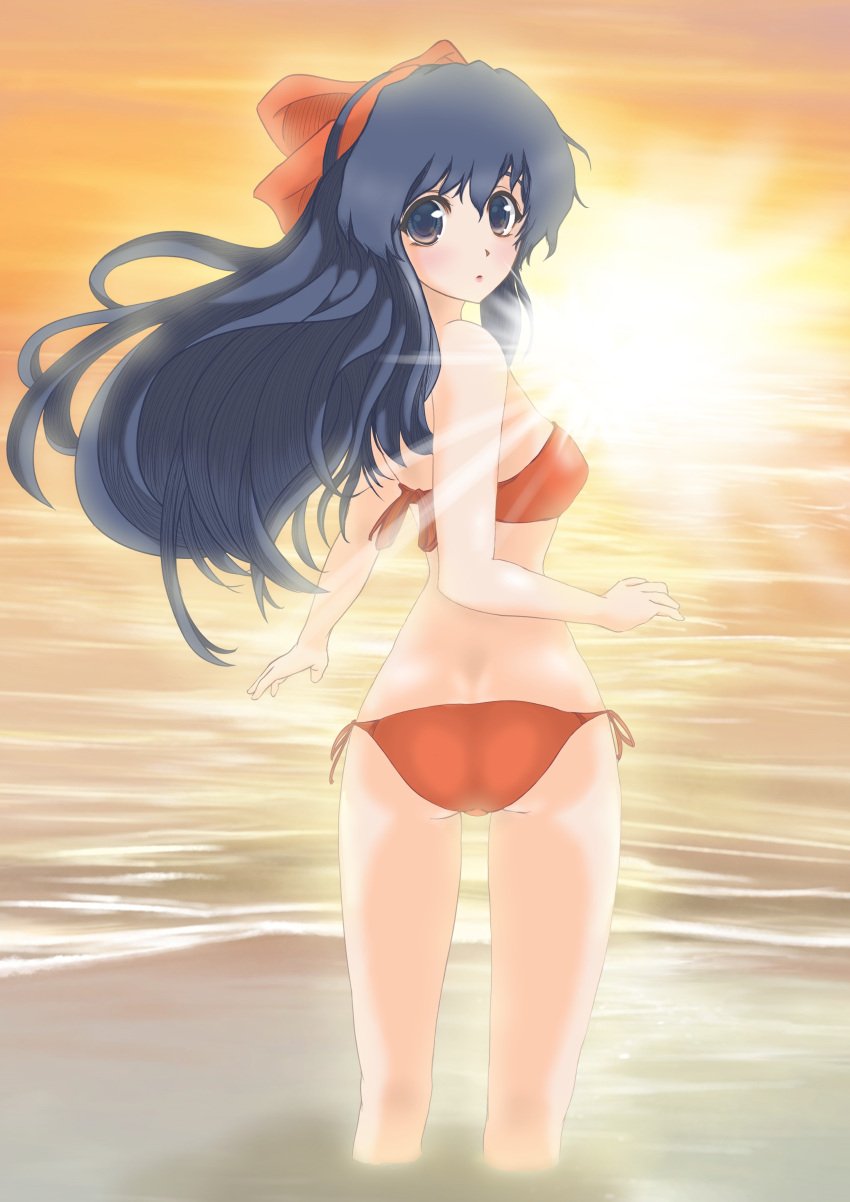 1girls absurdres ass bandeau_bikini big_breasts bikini breasts busty hair_ribbon hi_res large_breasts legs looking_at_viewer looking_back nakoruru ocean red_bikini ribbon samurai_shodown sideboob snk solo sunset swimsuit thighs water