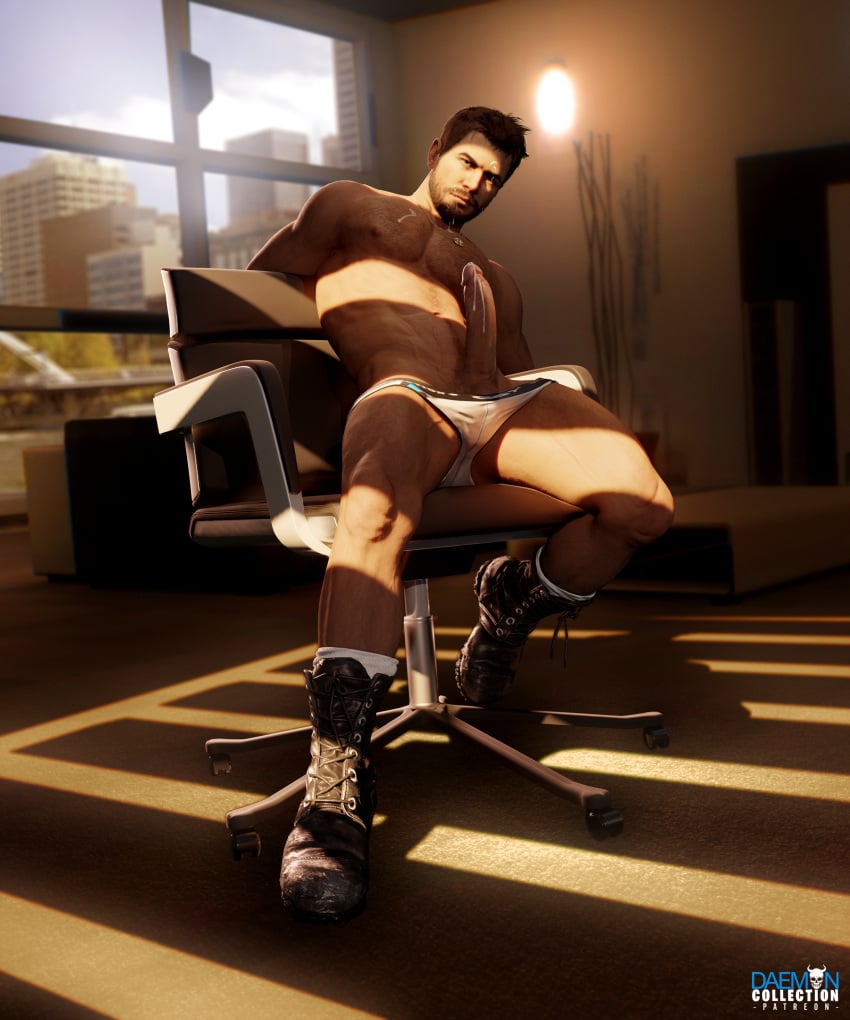 after_orgasm beard boots brown_hair chris_redfield cum_drip cum_dripping cum_dripping_from_penis cum_on_pecs daemoncollection erection looking_at_viewer male male_focus male_only resident_evil resident_evil_6 sitting sitting_on_chair sunrays tagme thong thong_down